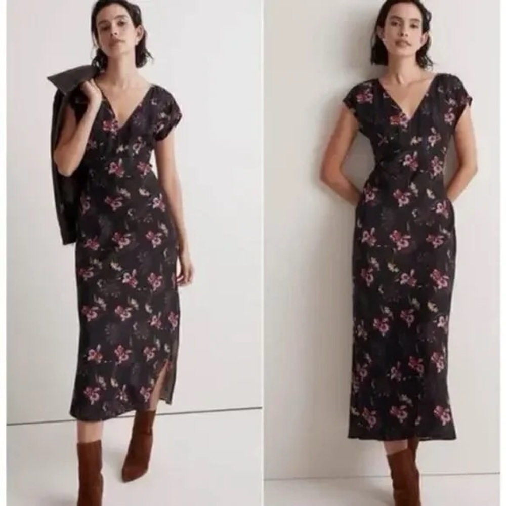 Madewell Floral Wide V-Neck Midi Dress Cap Sleeve Side Slit Black Size 10
